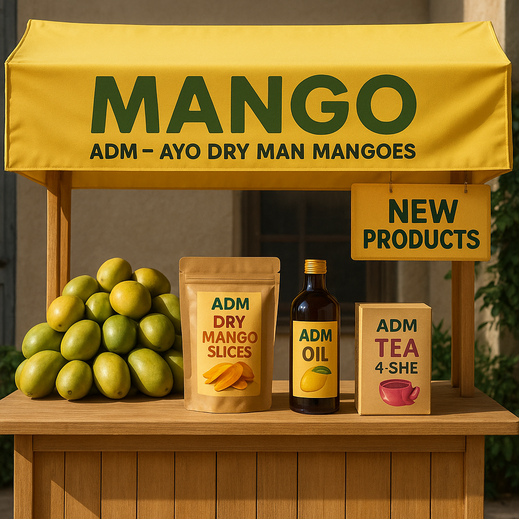 mango stand selling ADM - Ayo Dry Man Mangoes, where we want to highlight the new products in which are "ADM Dry Mango Slices" "ADM Oil" and "ADM Tea 4 She", None